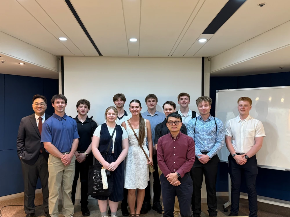 Students with Dr. M.K. Kim after an academic session on South Korea’s high-tech and entertainment industries and sustainability strategies